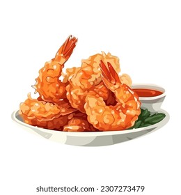 Fried prawn appetizer on gourmet seafood plate icon isolated