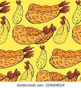 Fried Prawn Tempura Emoji Pattern. Traditional Shrimp Japanese Food Seamless Background Symbols. Silhouette Emoticon Fried Golden Brown Design Vector.