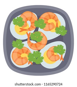 Fried prawns in a dinner plate with the egg sideline