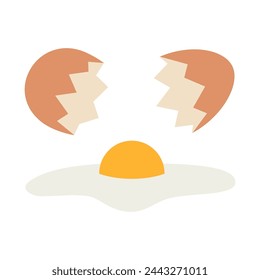 Huevo frito o crudo y roto, cáscara de huevo agrietada, estilo de dibujos animados. Ilustración vectorial aislada sobre fondo blanco, dibujado a mano, diseño plano