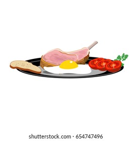 Fried ribs with fried eggs on the plate. Vector illustration
