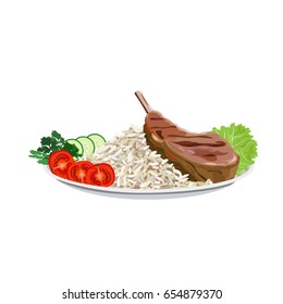 Fried ribs on the plate with rice and vegetables. Vector illustration