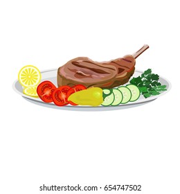 Fried ribs on the plate with vegetables. Vector illustration