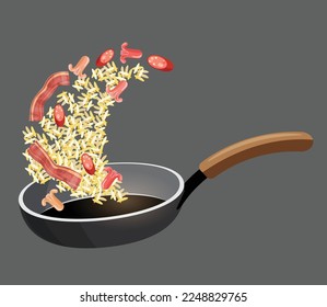 fried rice with bacon and sausage in a pan vector illustration