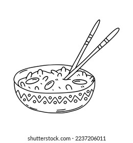 Reis mit Bohnensoße im handgezeichneten Doodle-Stil. Chinesische Schale, Vektorgrafik.