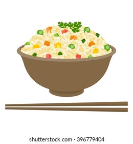 Fried rice in bowl with chopsticks, flat design