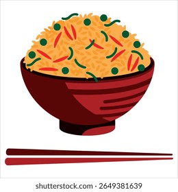 Arroz frito em tigela com hashis arte vetorial. Ilustração prato asiático saboroso ideal para promoções de restaurantes e temas de turismo culinário.