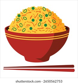 Fried rice bowl vector with chopsticks. Asian food illustration for restaurant menus and delivery themes.