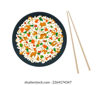 fried rice with chicken meat carrot green peas pepper on plate chopsticks top view vector illustration