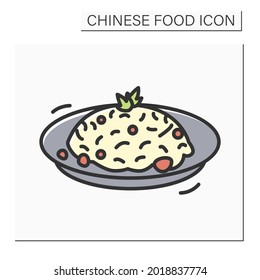 Fried rice color icon. Chinese stir-fry bowl with vegetables, meat or seafood ingredients. Concept of tasty and popular Asian cuisine dishes recipe. Isolated vector illustration