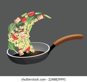 fried rice with crispy pork and vegetables in a pan	
