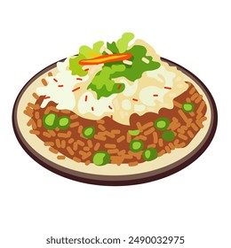 Fried rice dish vector illustration, isolated on white background, grilled rice clip art image, fried rice with vegetables in a plate