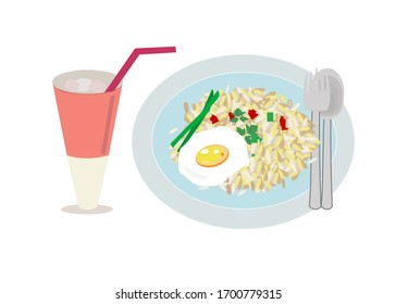 Fried rice with egg and juice drawing vector cuisine food Asian.