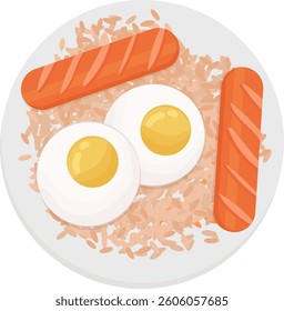 Fried rice with egg and sausage vector illustration