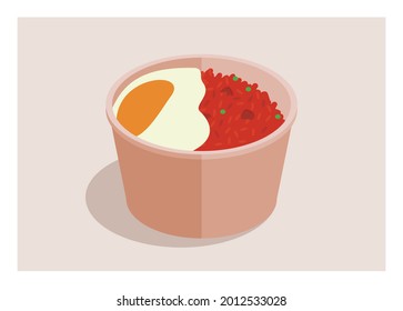 Arroz frito con huevo frito en recipiente de plástico. Ilustración plana simple.