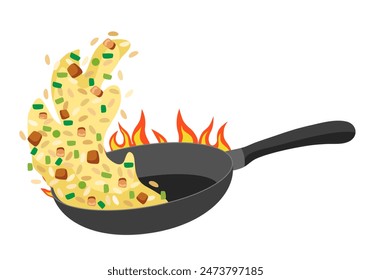 Fried rice in frying pan on white background.