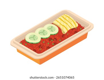 Arroz frito con tortilla y rodaja de pepino en lonchera. Ilustración plana simple en vista isométrica.