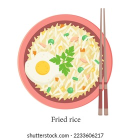 Fried rice on a plate with chopsticks. Traditional Asian dish. Vector illustration.