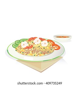 Fried rice with shrimp and egg, cucumber, tomato in dish. 