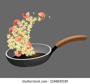 fried rice with shrimp and vegetables in a pan vector illustration	
