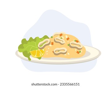 Fried rice with squid or octopus - stir-fried rice with squid, egg . Flat vector cartoon illustration