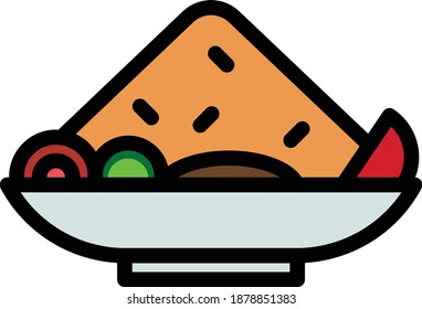 Fried Rice Vector Icon in Filled Line Style. Nasi goreng is a dish of rice fried in a wok or frying pan and mixed with other ingredients such as eggs, vegetables, seafood, or meat. Vector icon