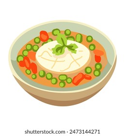 Fried rice vector image, nasi goreng illustration, Fried rice dish topping with peas and egg