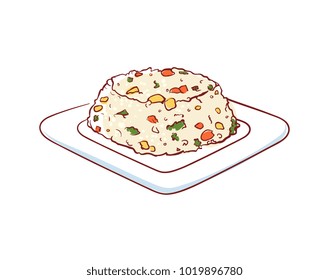 Fried rice with vegetables icon isolated on white background. Chinese cuisine dish label, asian restaurant menu element, famous oriental food vector illustration.