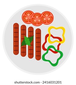 fried roast sausages with vegetables stock vector illustration isolated on white background