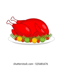 Fried rooster. Baked red cock on plate with apples. Roasted chicken isolated. grilled holiday turkey.