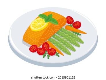 Fried salmon with lemon, asparagus, cherry tomatoes, carrots and arugula on a plate. Healthy seafood, gourmet dish, diet cuisine. Vector food illustration isolated, cartoon, icon, design element