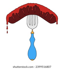 Fried sausage drizzled with ketchup is strung on a fork. Hand Drawn. Freehand drawing. Doodle. Sketch. Outline.	