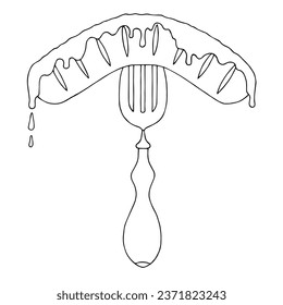 Fried sausage drizzled with mustard or ketchup is strung on a fork. Hand Drawn. Freehand drawing. Doodle. Sketch. Outline. Coloring page.	