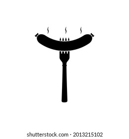 Fried sausage and fork. Food theme. Isolated vector illustration drawing on a blank background. Black and white silhouette.
