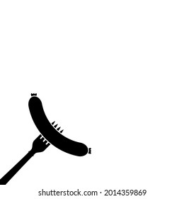 Fried sausage and fork. Food theme. Isolated vector illustration drawing on a blank background. Black and white silhouette. Space for design text, menu, poster or banner.