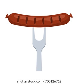 Fried sausage impaled on a fork. Vector illustration in cartoon style isolated on white background