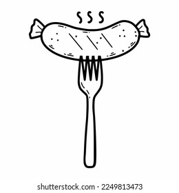 Fried sausage on  fork. Appetizer for beer. Oktoberfest icon. Vector doodle sketch.