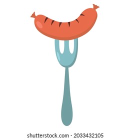 Fried sausage on fork, isolated on white background. Street food concept.
