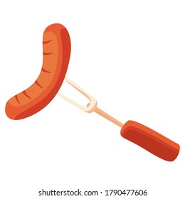 Fried sausage on a fork on white isolated backdrop. Barbeque meat for invitation or gift card, notebook, grill bar logo, scrapbook. Phone case or cloth print art. Flat style stock vector illustration