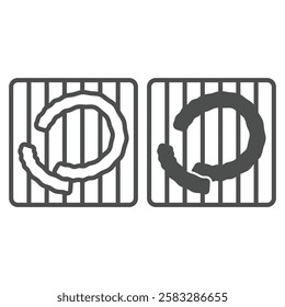 Fried sausage on grill grate line and solid icon, eat what you want concept. Vector graphics. BBQ meal sign on white background, outline style icon for mobile or web design