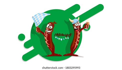 Fried sausages in cartoon style with beer and festival elements.
