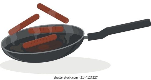 fried sausages in a frying pan in oil breakfast cooking