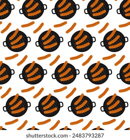 Fried sausages in a grill pan in trendy shades Seamless pattern Top view. Backdrop wallpaper concept