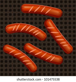 Fried sausages on pan, food ingredients, vector illustration