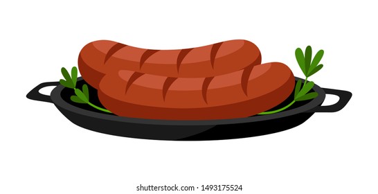 Fried sausages on the pan. Illustration for Oktoberfest.