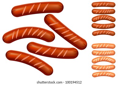 Fried sausages on white background, food ingredients, vector illustration