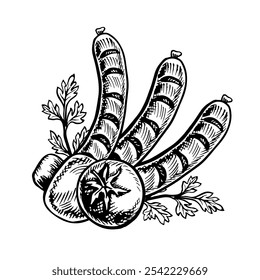 Fried sausages with vegetables. Vector graphics with barbecue image. A black and white hand-drawn illustration. On a white background. For a menu, poster or label. For cooking recipes, invitations.