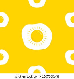 Fried scrambled egg icon. Yolk in shape of sun shining. Top view closeup. Breakfast menu. Cute cartoon food. Flat design. Yellow background. Isolated. Vector illustration