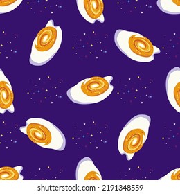 Fried scrambled eggs in space. Fried eggs as the beginning of the universe. Seamless pattern. Vector illustration