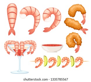 Fried shrimp in batter, boiled and kebab shrimp. Sauce for seafood. Tasty restaurant food. Flat vector illustration isolated on white background.